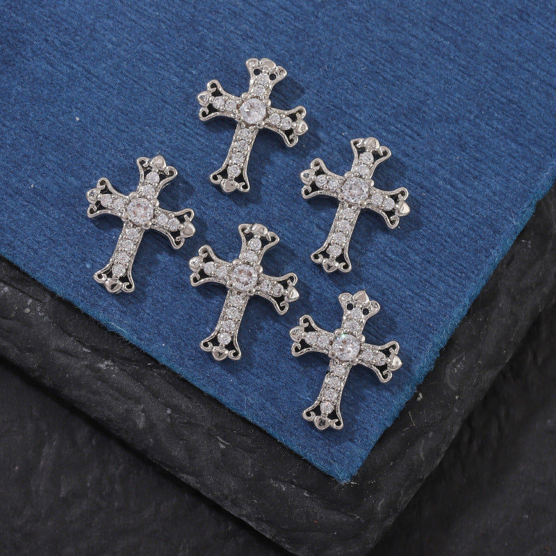 Cross-border hot-selling nail jewelry cross gold and silver super flash full diamond retro Croxin cross nail diamond jewelry 10PCS