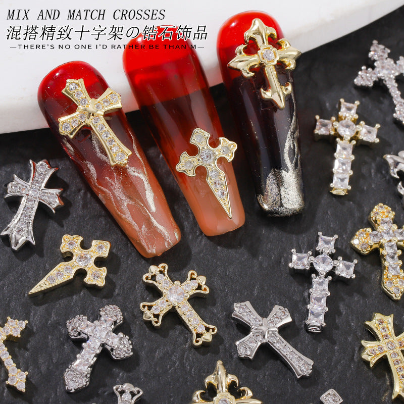 Cross-border hot-selling nail jewelry cross gold and silver super flash full diamond retro Croxin cross nail diamond jewelry 10PCS