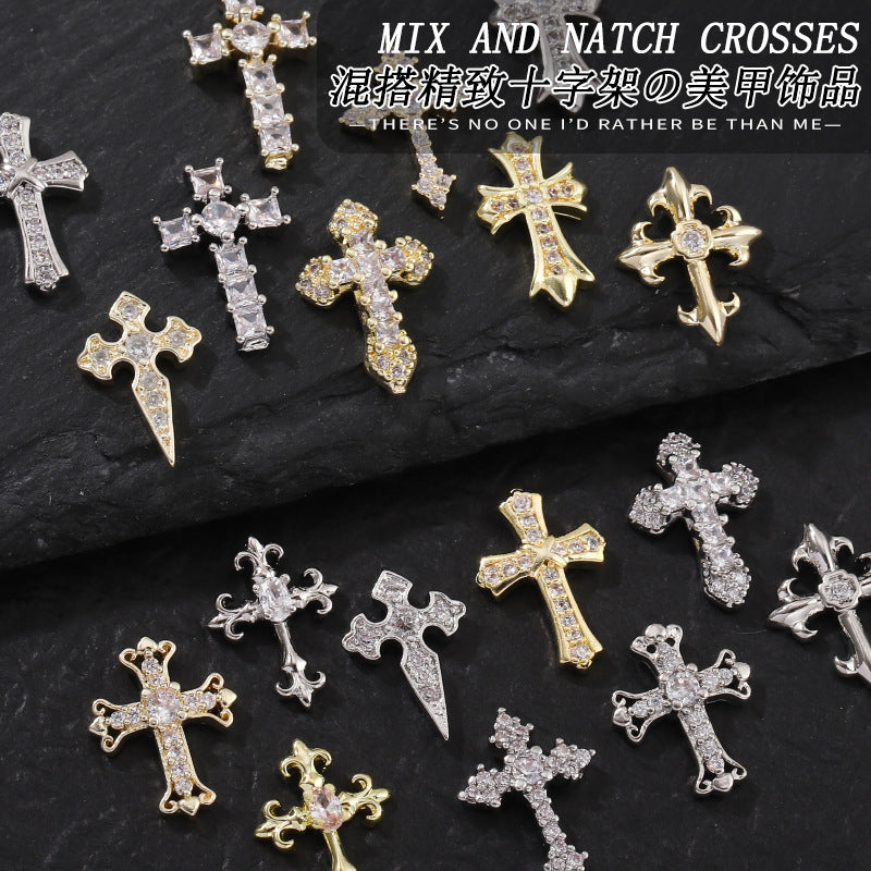 Cross-border hot-selling nail jewelry cross gold and silver super flash full diamond retro Croxin cross nail diamond jewelry 10PCS