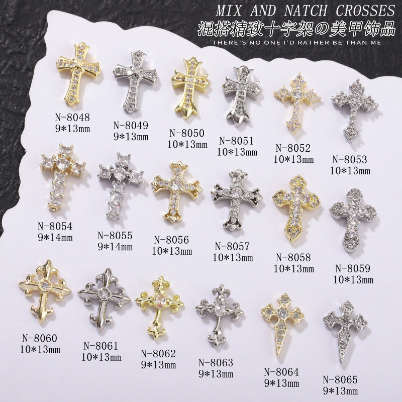 Cross-border hot-selling nail jewelry cross gold and silver super flash full diamond retro Croxin cross nail diamond jewelry 10PCS